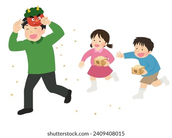 Children throwing beans with their father who plays the role of demon during Setsubun