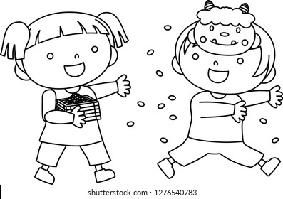 Children throwing dried soy beans outline