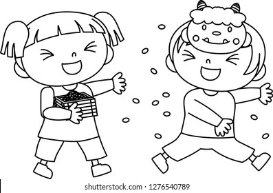 Children throwing dried soy beans outline