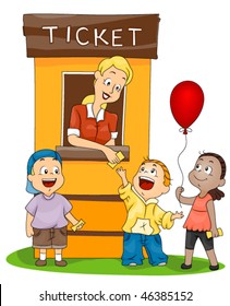 Children At The Ticket Booth - Vector