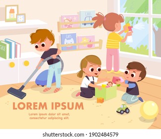 Children tidy up playroom doing household chores. Boy vacuuming, cleaning floor with vacuum cleaner. Girl cleaning washing window with rag and cleanser spray. Kids put toys back in the toybox.
