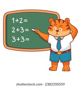 Children tiger thinking idea and chalkboard.A student solves a math problem at the blackboard.Tiger character cartoon schoolboy.Student in trouble.Solves mathematical problem.