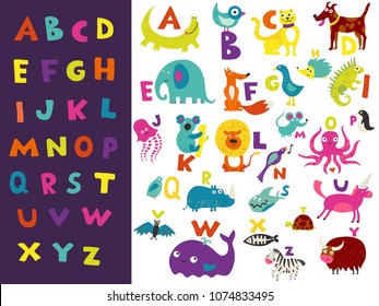 Children toddlers preschoolers abc learning set with bright colorful eye catching letters and funny animals vector illustration 