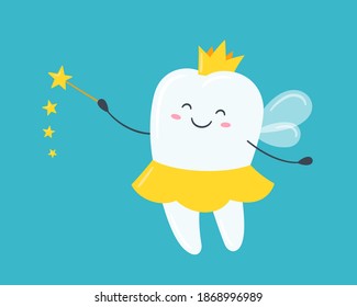 Children tooth fairy. Cute tooth with wings, a crown and a magic wand. Vector illustration in cartoon style