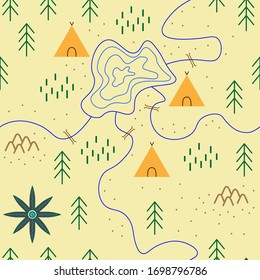 los niños topografic mapa con lago, ríos, tipi y bosque.  Patrón veloz.