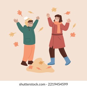 Children tossing autumn lives in the air. Boy and girl throwing yellow, orange leaves. Autumn fall activity, play outdoors. Flat vector illustration.