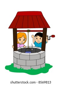 Children Tossing Coin In A Wishing Well - Vector