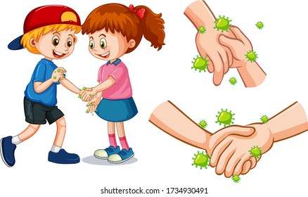 Children touch each other hands with germs illustration