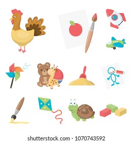 Children toy cartoon icons in set collection for design. Game and bauble vector symbol stock web illustration.