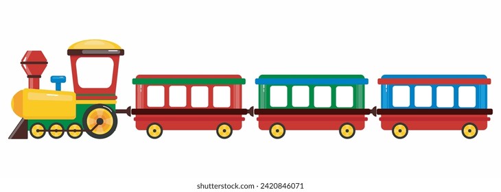 Children toy colorful train. Railway carriage. Vector locomotive on white background.