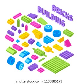 Children toy constructor isometric blocks set with colorful plastic building bricks wheels pieces components isolated vector illustration