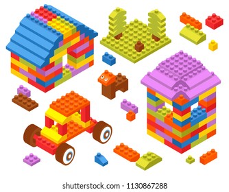 Children toy constructor isometric composition with tractor tower house dog from colorful building bricks blocks vector illustration   