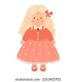 Children toy doll. Beautiful cute curly blonde girl with long hair in red dress. Vector illustration in cartoon style