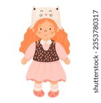 Children toy doll. Cute curly girl with long red hair in funny cat hat in pink dress. Vector illustration in cartoon style. kids collection