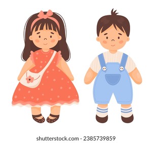 Children toy doll. Cute pair baby. Beautiful girl with long hair in red dress and boy in blue overalls. Vector illustration in cartoon style. Isolated on white. kids collection.