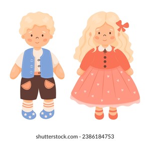 Niños muñeca de juguete. Un par lindo de bebe rubio. Chica rizada con el pelo largo vestido rojo y niño con chaleco y pantalones cortos. Ilustración vectorial al estilo de las caricaturas. Aislado en blanco. colección de niños.