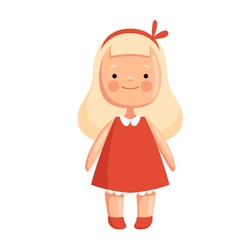 Children Toy Doll In A Red Dress With Blond Hair