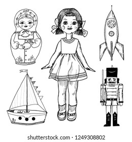 Children toy for children. Doll, Tin soldier, Matryoshka, rocket and sailing ship. Vintage retro style. Engraved hand drawn monochrome sketch. Vector illustration.