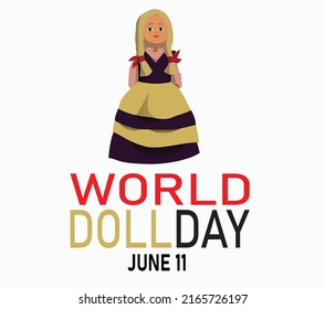 Children toy doll in a yellow and purple dress with blond hair. vector illustration
