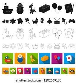 Children toy flat icons in set collection for design. Game and bauble vector symbol stock web illustration.