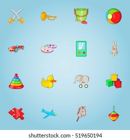 Children toy icons set. Cartoon illustration of 16 children toy vector icons for web