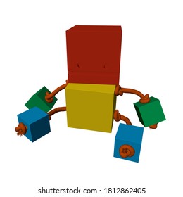 Children toy from multi-colored cubes tied with a rope. 3D. Vector illustration