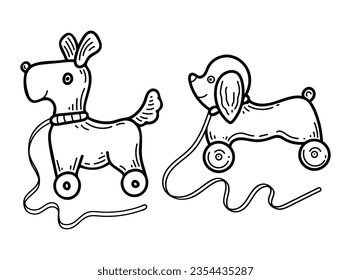 Children toy on wheels with rope dog sketch. Preschool games. Hand drawn doodle illustration.