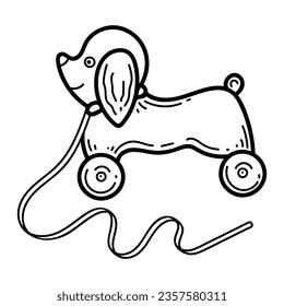 Children toy on wheels with rope dog dachshund sketch. Preschool games. Hand drawn doodle illustration.