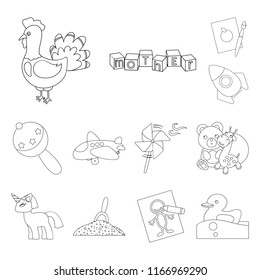 Children toy outline icons in set collection for design. Game and bauble vector symbol stock web illustration.