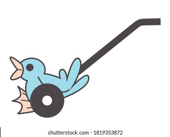 Juguete infantil, pato de goma con pico abierto. Juego para niños, jugando y educando. Coqueteando con un palo con ruedas. Construcción adorable para niños. Salto de pato, vector, arte de línea plana