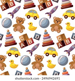 Children toy seamless pattern isolated on white background. Including teddy bear, ball, cars and other.