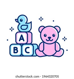 Children toy set, simple flat line icon. Teddy bear, rubber duck and toy blocks. Isolated vector clip art illustration.