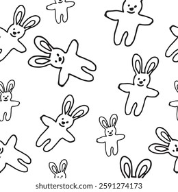 children toy soft bunny vector graphics black and white illustration seamless pattern on a white background base for textiles tableware
