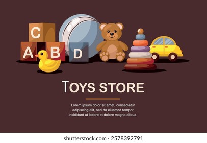 Children toy store. Set of colorful wooden kids toys, train, teddy bear, ball and other.