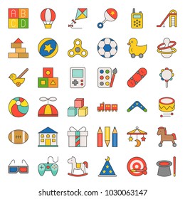 Children toy such as ball, rocking horse, blocks, balloon, filled outline icon set 2/2