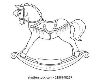 Children toy, transport. Wooden horse in saddle swing for small children. Page outline of cartoon. Vector illustration, coloring book for kids.