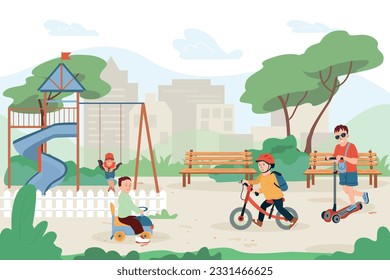 Vehículos de juguete para niños composición plana con paisajes exteriores de la ciudad y vista del patio de recreo con portadores juveniles ilustración vectorial