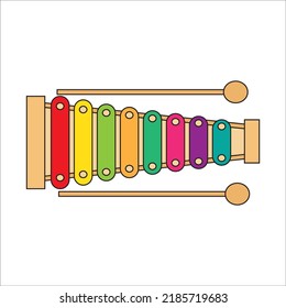 children toy xylophone in hand on white background isolation