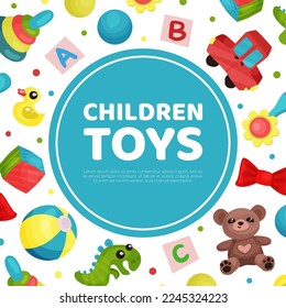 Children toys banner template. Kids store or shop poster, card with cute toys seamless pattern cartoon vector