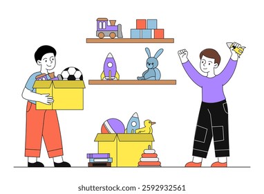 Children with toys. Boys with cardboard boxes with balls, rockets and rabbits. Fun and entertainment. Rubber duck and pyramid. Friends spending time together. Linear vector illustration