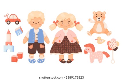 Children toys collection. Cute children girl with pigtails and blond boy, doll, plush toys, bear teddy, cubes, horse with duck and car. Vector illustration. Isolated kids items in cartoon style.