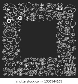 Children with toys. Colorful pattern for kindergarten posters.