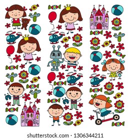 Children with toys. Colorful pattern for kindergarten posters.