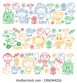 Children with toys. Colorful pattern for kindergarten posters.