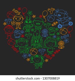 Children with toys. Colorful pattern for kindergarten posters.