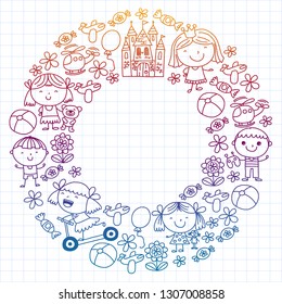 Children with toys. Colorful pattern for kindergarten posters.