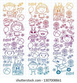 Children with toys. Colorful pattern for kindergarten posters.