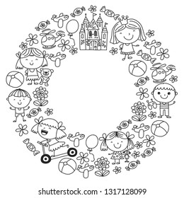 Children with toys. Colorful pattern for kindergarten posters.