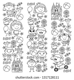 Children with toys. Colorful pattern for kindergarten posters.