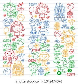 Children with toys. Colorful pattern for kindergarten posters.